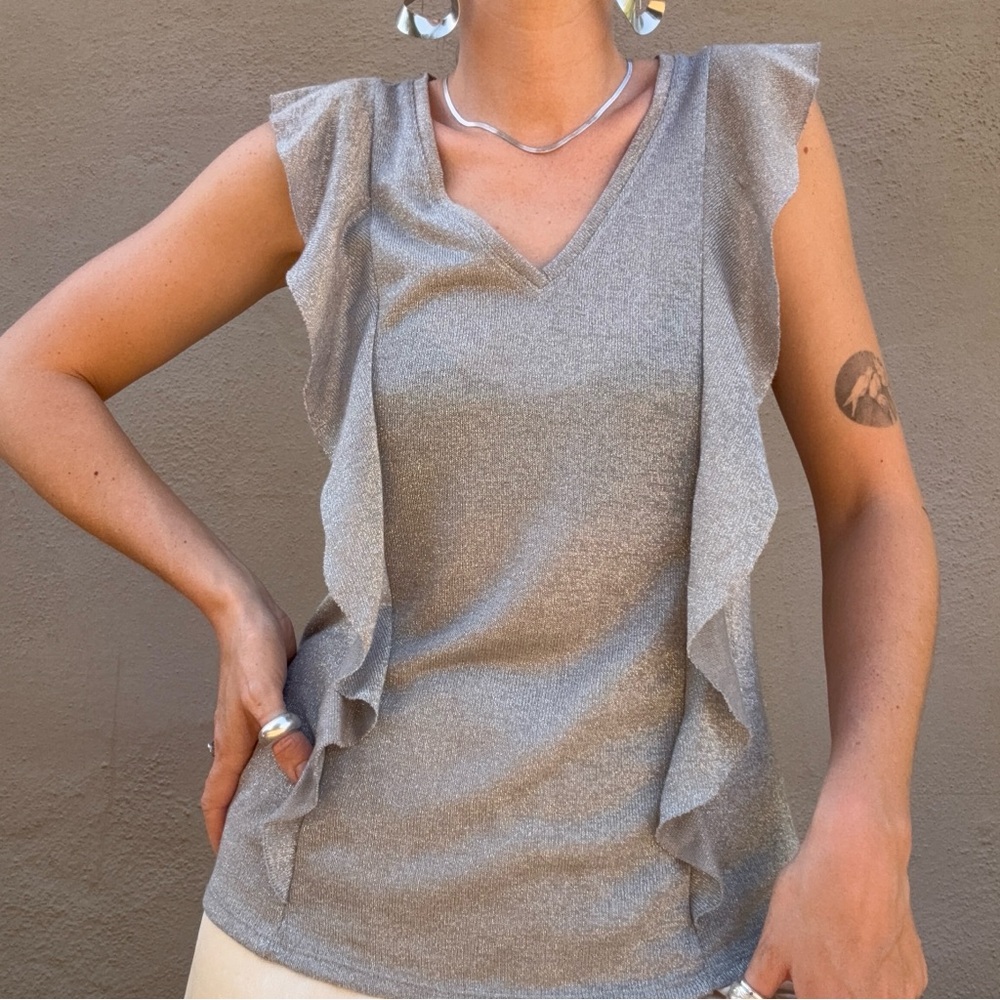 Juicy Couture Silver Metallic Knit Ruffle Tank